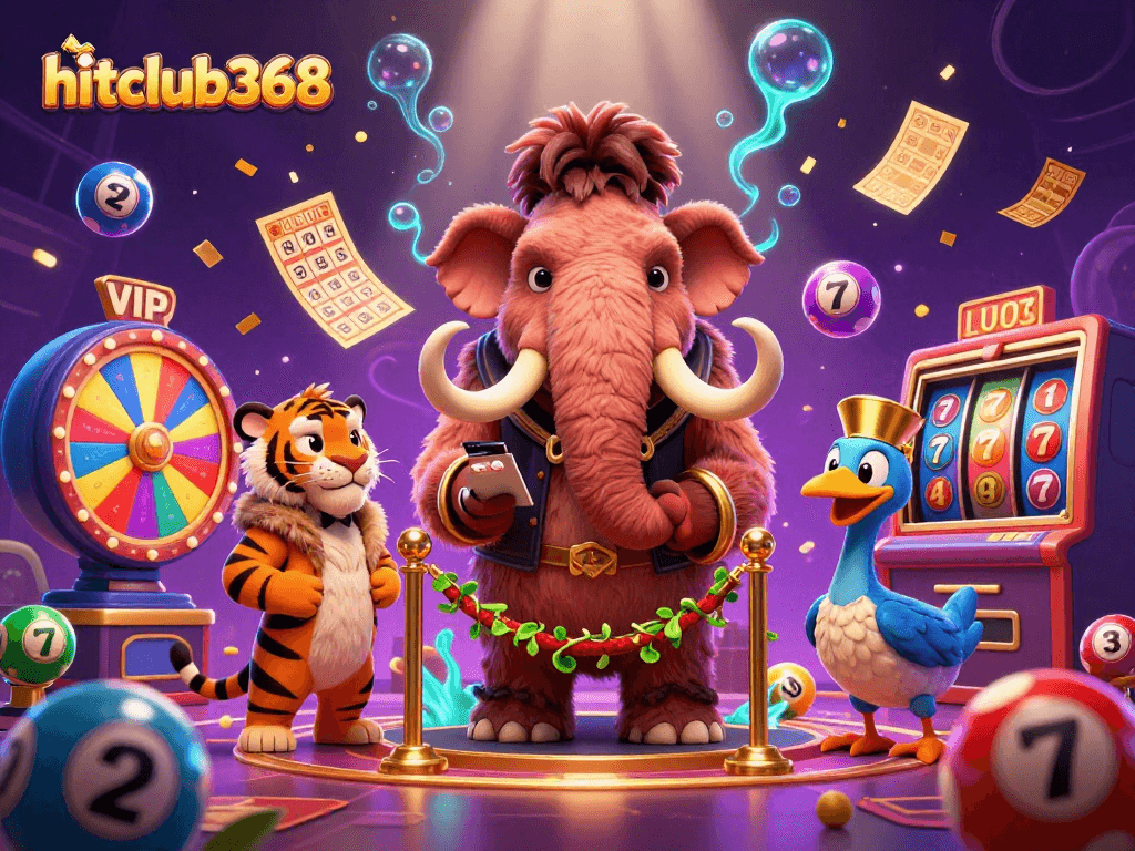 Hitclub368 showcases vibrant lottery games with a woolly mammoth bouncer and VIP saber-tooth tiger.