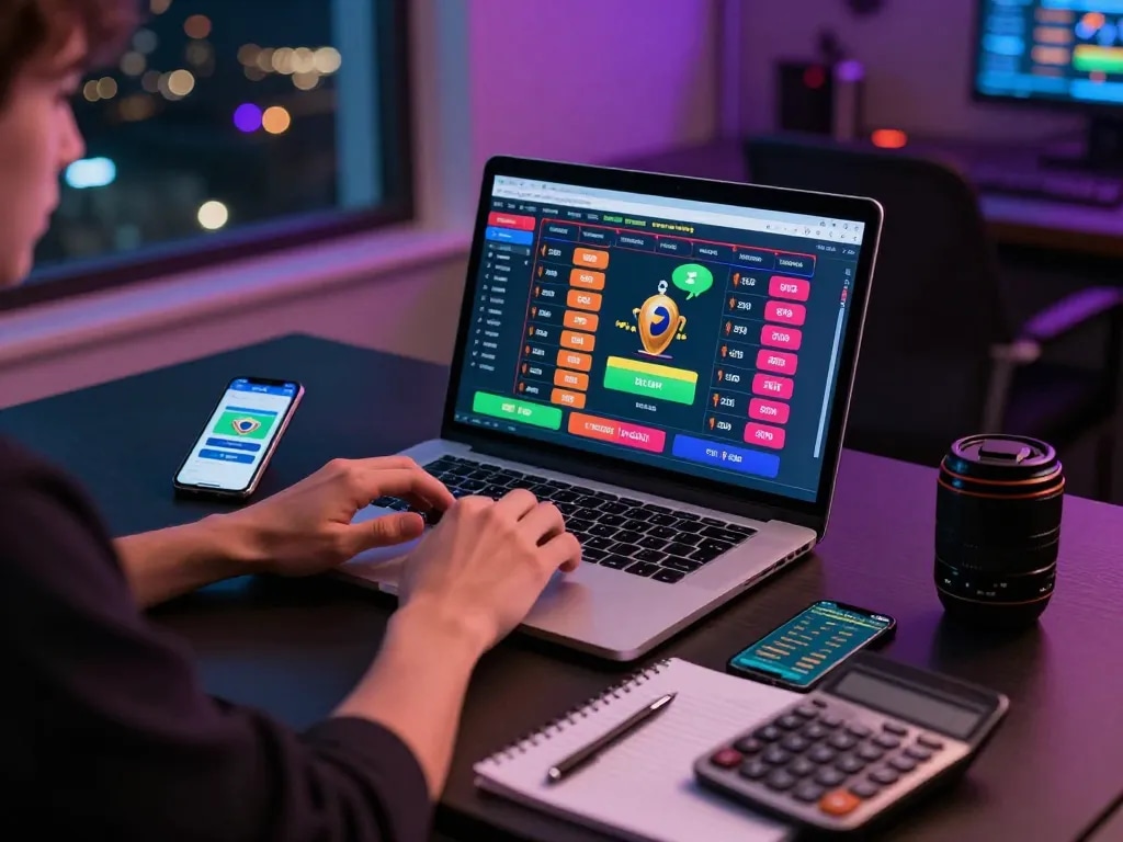 Link truy cập Topbet with user engaged in online betting at modern desk, vibrant gambling atmosphere