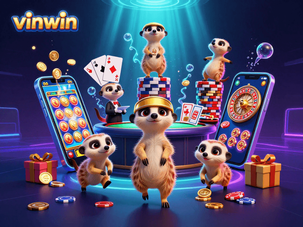 Experience the thrill at vinwin casino with meerkats playing cards, surrounded by dazzling gaming elements.