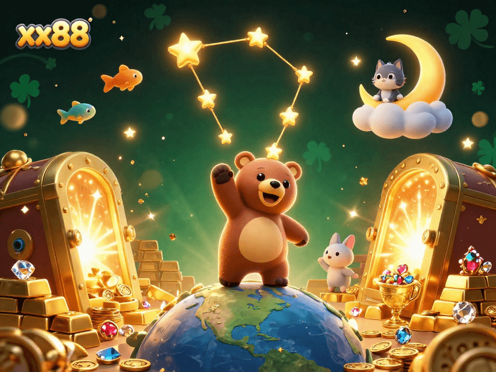 Experience the excitement of xx88 with gold coins and dazzling gems in this vibrant casino scene