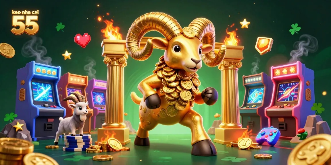 Engage with keo nha cai 55 in a dynamic casino scene featuring a golden ram and arcade elements.