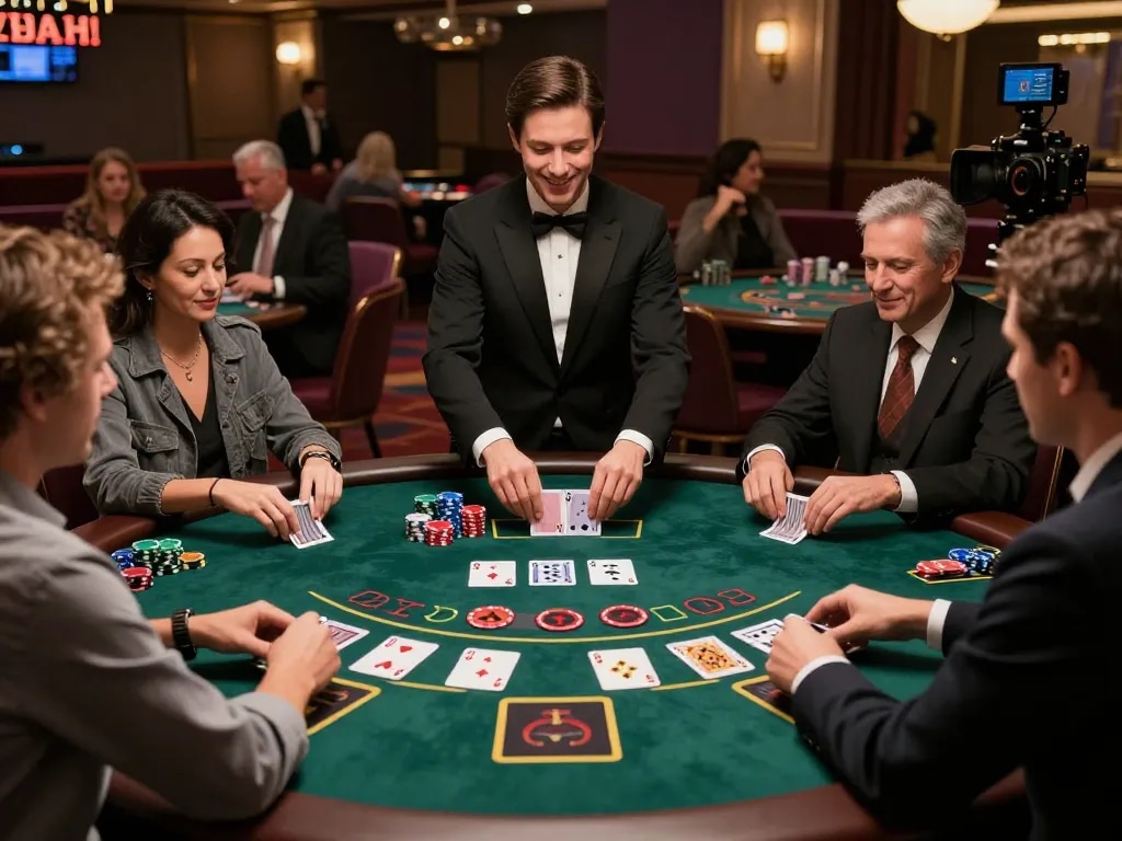 Witnessing a thrilling blackjack round at tic88, vibrant chips in play amid lively casino atmosphere.
