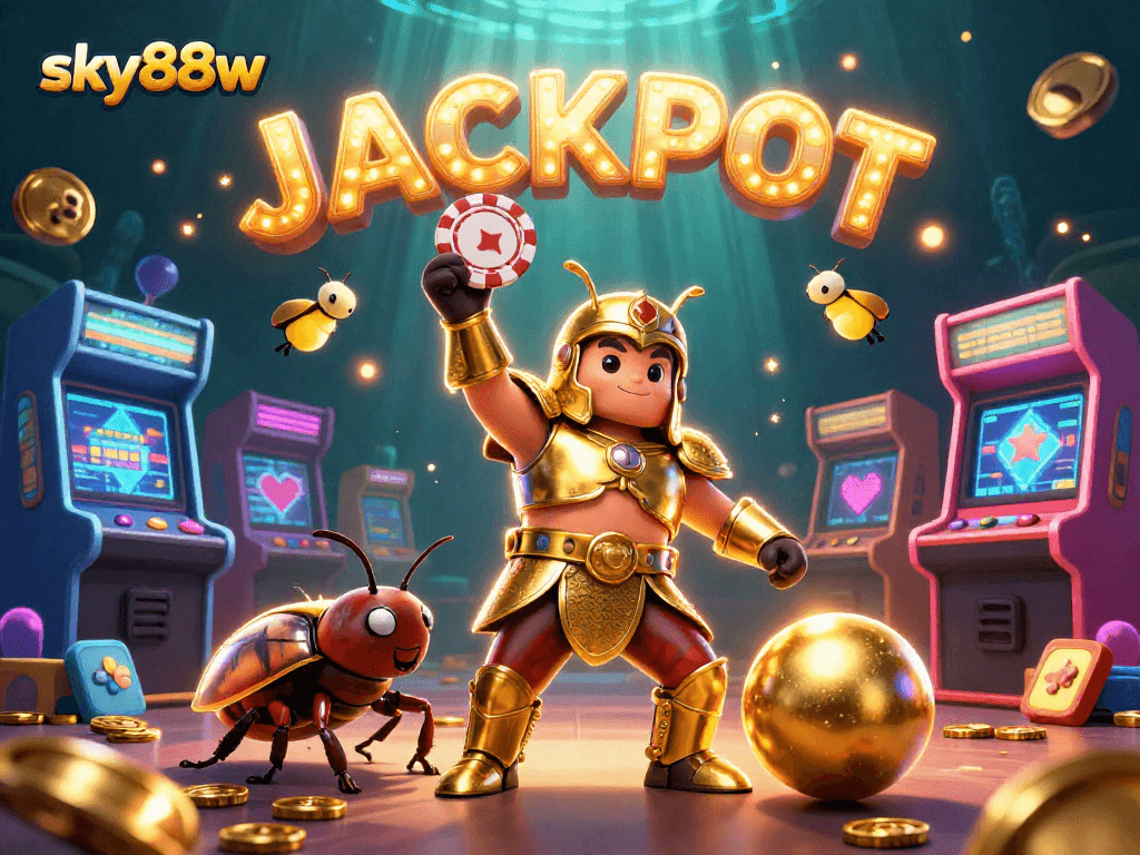 Engage with sky88w for exciting gameplay as the victorious beetle lifts a poker chip above its head.