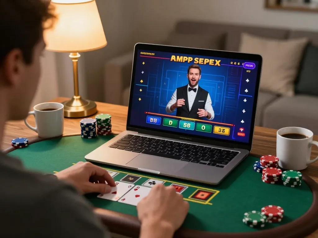Engaging in live blackjack gameplay on 555win platform from a cozy home setup.