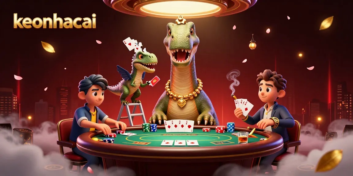 Engage in exciting gaming with keonhacai in a vibrant casino-themed illustration.