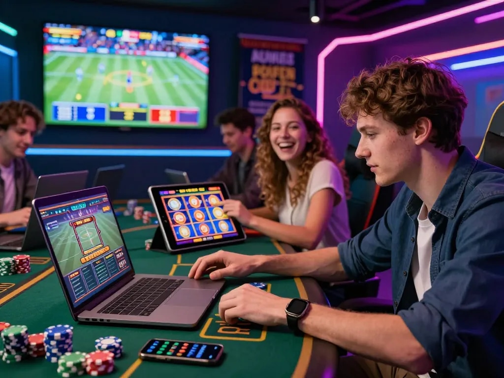 Group enjoying the exciting fb88 online gambling platform with live sports and gaming devices.