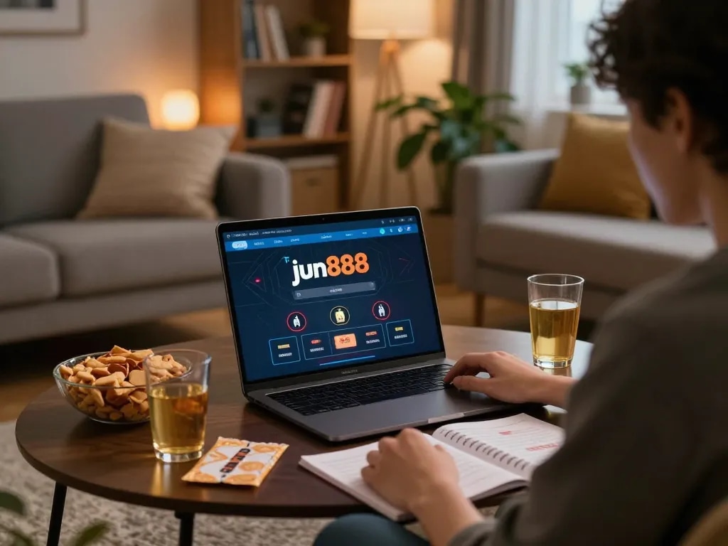 Player using jun888 app for online gambling in a cozy home setting with strategic notes and drinks.