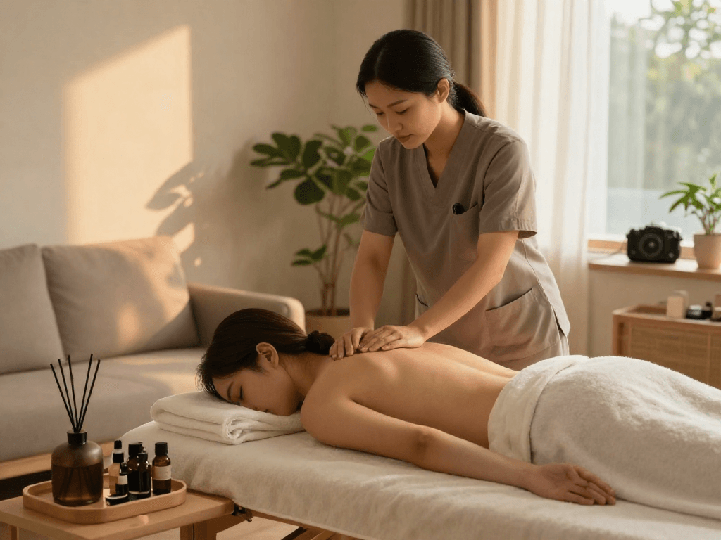 Therapist delivering 역삼출장마사지 in a tranquil home setting with soothing decor.