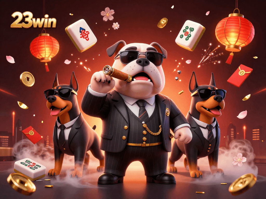 Experience 23win's casino vibes with vibrant 3D mafia characters amid festive elements.