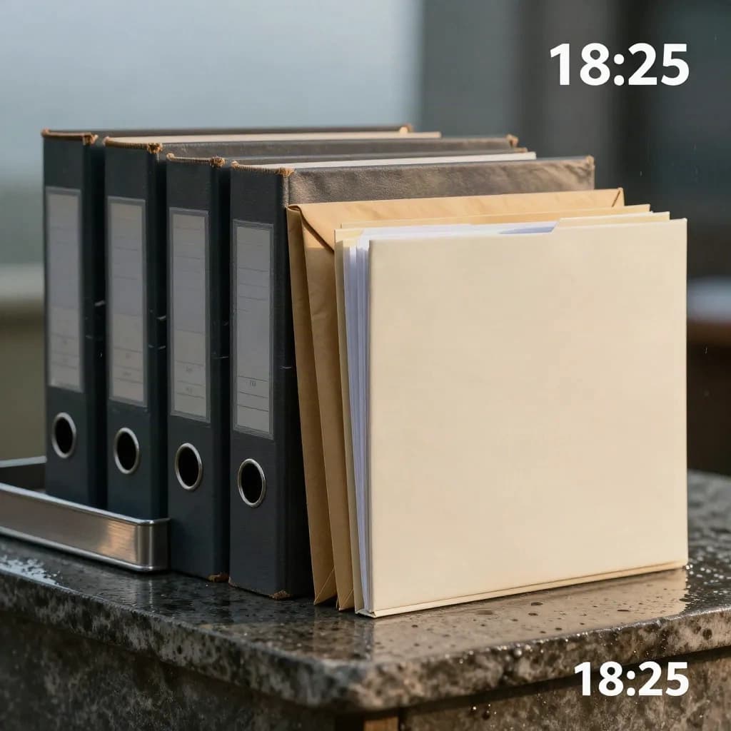 Antraciete dossiermappen, inboxbak en kraft enveloppen op natte stenen sokkel in dramatisch licht