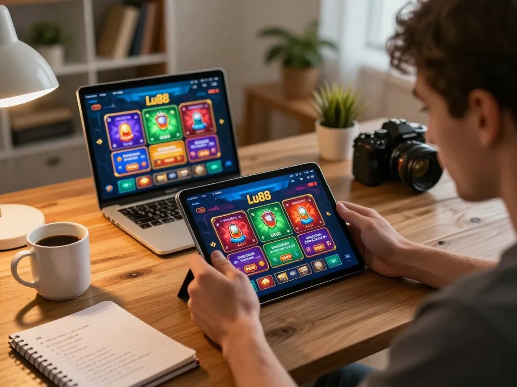Players interact with the Lu88 casino app on a cozy setup, embracing responsible online gambling.