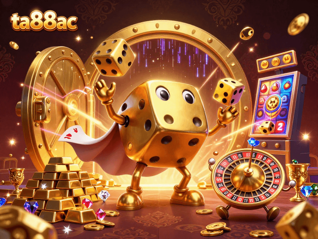 Win with ta88ac's dynamic casino universe showcasing golden dice and slot elements.