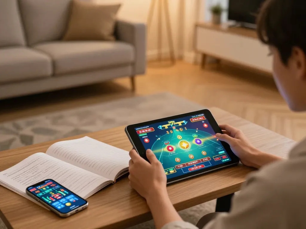 Engaging online gaming session at 79king, showcasing tablet gameplay with strategic betting notes visible.