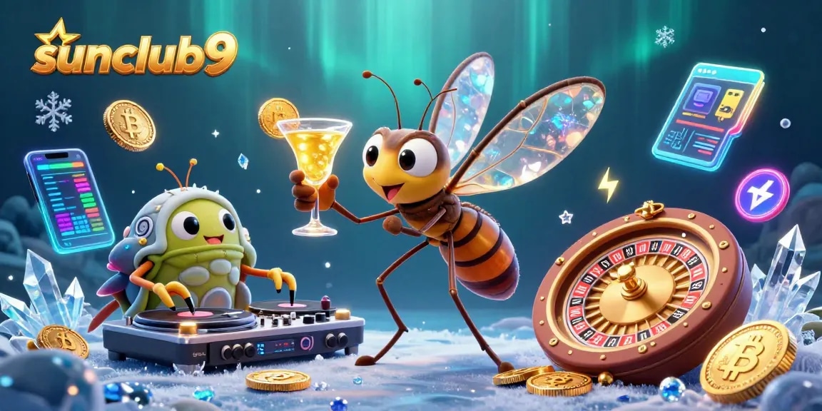 Engage with the vibrant excitement of sunclub9 showcased through a dynamic casino scene with unique characters.
