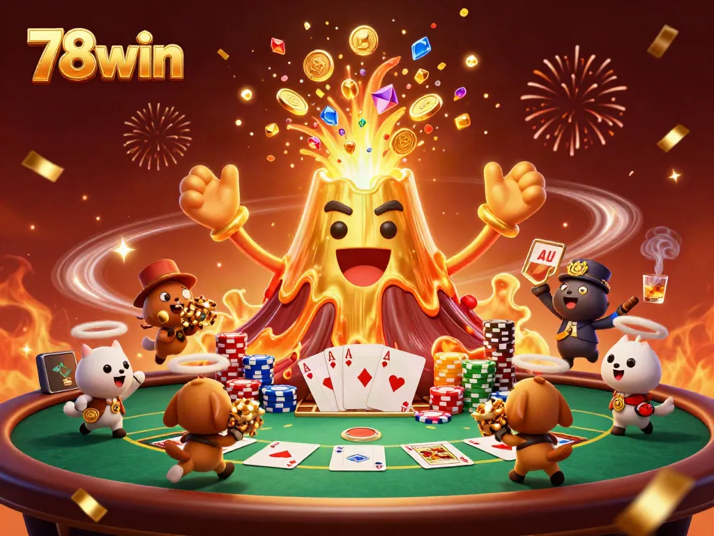 Experience thrilling wins at 78win with a lively casino scene featuring a golden volcano and poker elements.