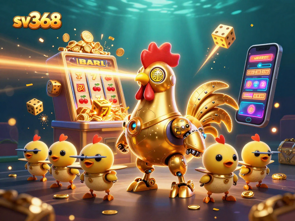 Experience the excitement of sv368 with a futuristic rooster robot and jackpot explosion in this vibrant casino scene.