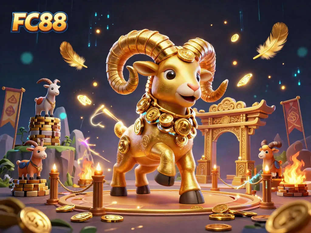 Experience the thrill of FC88 casino action with golden ram characters charging toward victory amidst vibrant gaming elements.