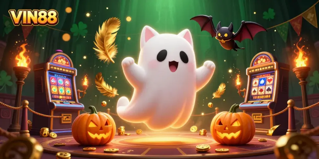 Experience the thrill of VIN88 in a vibrant casino scene, revealing casino ghost characters and exciting game elements.