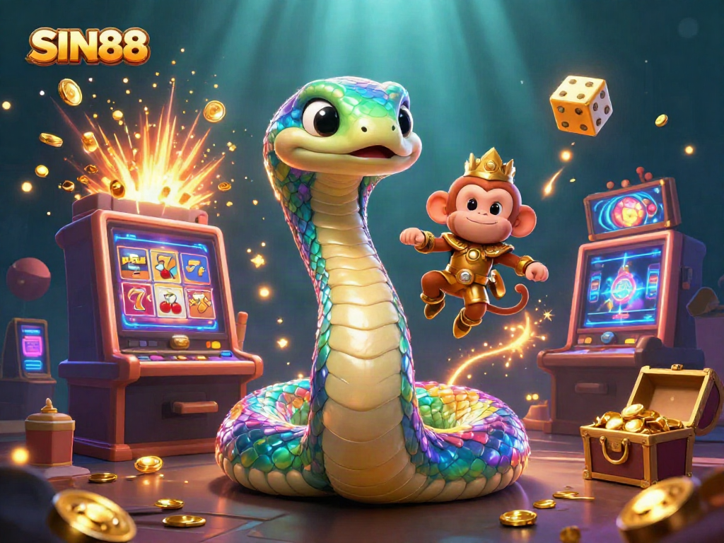 Experience the excitement of SIN88 with a vibrant casino scene showcasing a rainbow serpent, jackpot explosion, and playful characters.