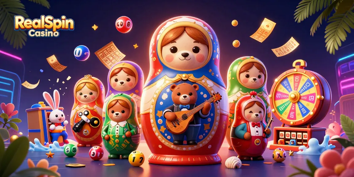Engage with the vibrant world of RealSpin Casino featuring festive bears and gambling elements in a lively scene.