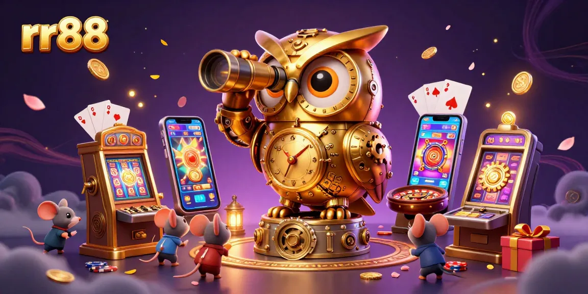 Experience thrilling gameplay with rr88, featuring a golden owl and animated slot machines in a vibrant casino scene.