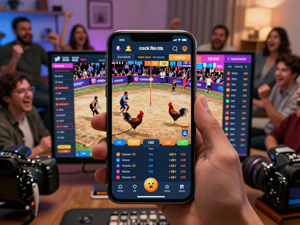 Live cockfighting streaming on smartphone, showcasing trực tiếp đá gà action with engaged viewers cheering.