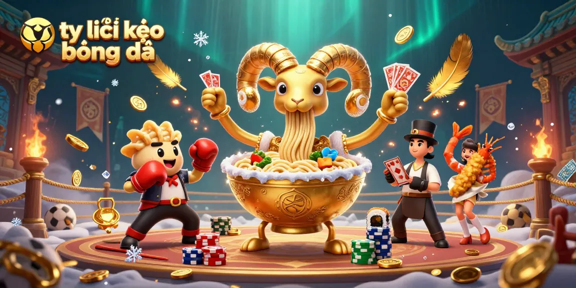 Engage with a vibrant scene of tỷ lệ kèo bóng đá featuring a golden ramen bowl dealing cards among dynamic betting elements.