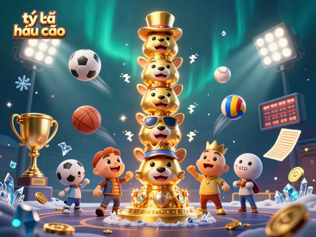 Explore tỷ lệ nhà cái with engaging visuals, featuring vibrant sports elements and a golden totem.