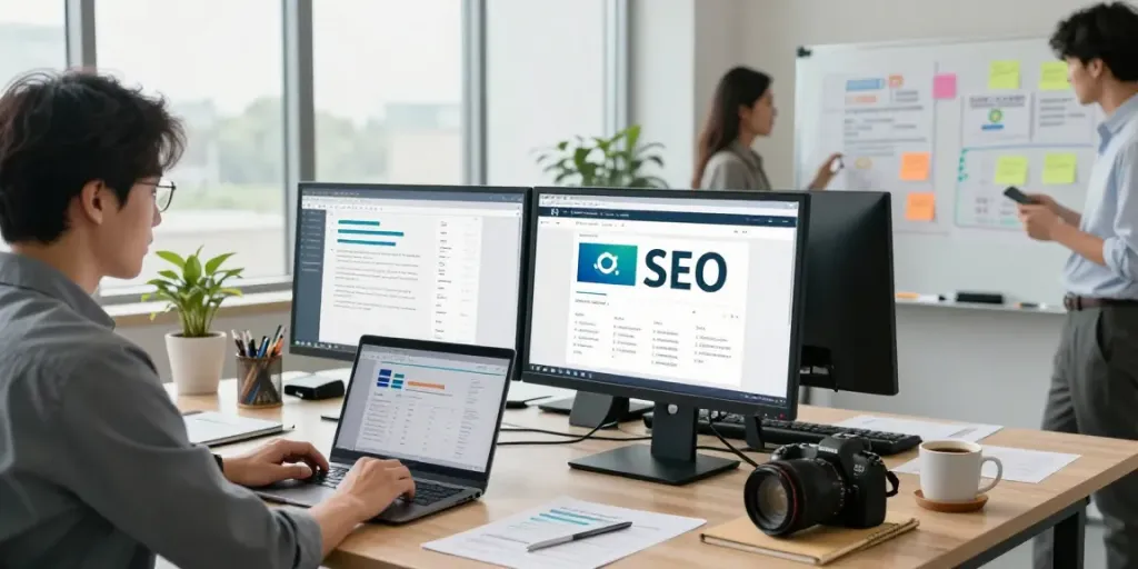 SEO specialist analyseert websiteprestaties in moderne kantooromgeving met teamgenoten.