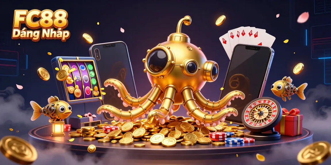 Engage in gaming excitement with FC88 Đăng Nhập featuring golden kraken and slot games amidst vibrant elements.