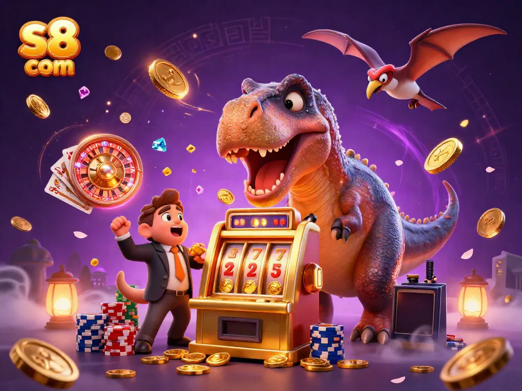 Spin the golden slot machine with S8 com in a vibrant casino scene filled with flashy coins.