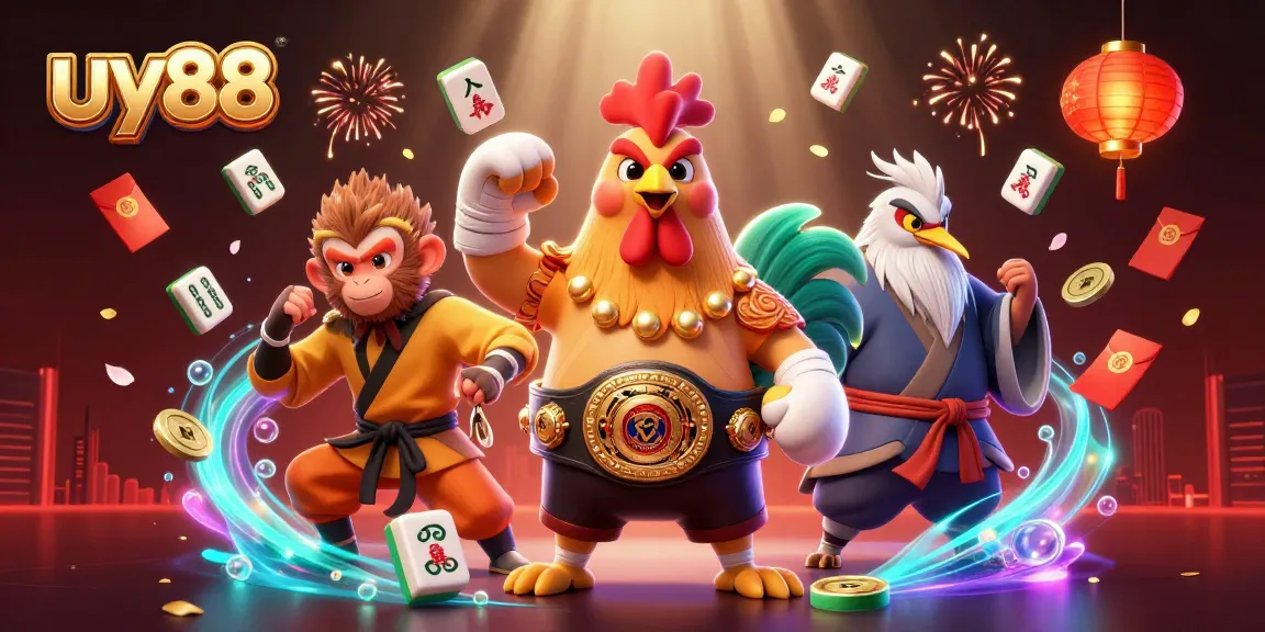 Engage in thrilling gameplay with uy88; vibrant 3D illustration of a Muay Thai rooster and martial artists.