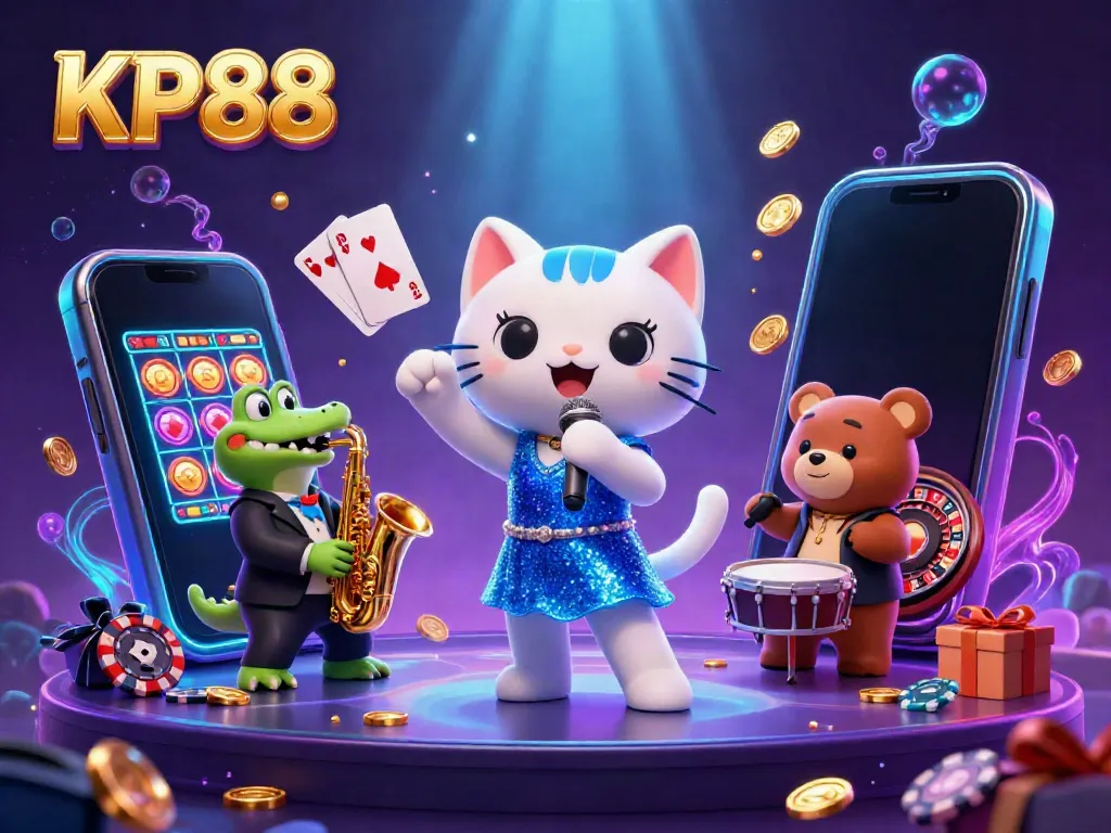 Experience the thrill of KP88 with a lively 3D casino performance featuring a cat singer, crocodile saxophonist, and bear drummer.