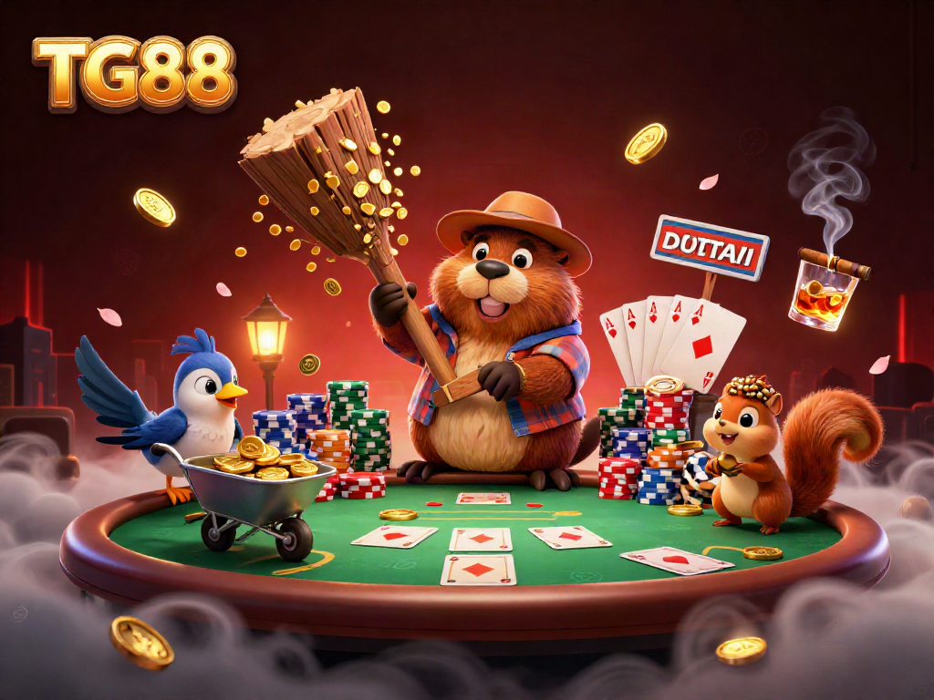 Join TG88 for a vibrant casino experience featuring a beaver, bird, and squirrel in a lively 3D illustration!