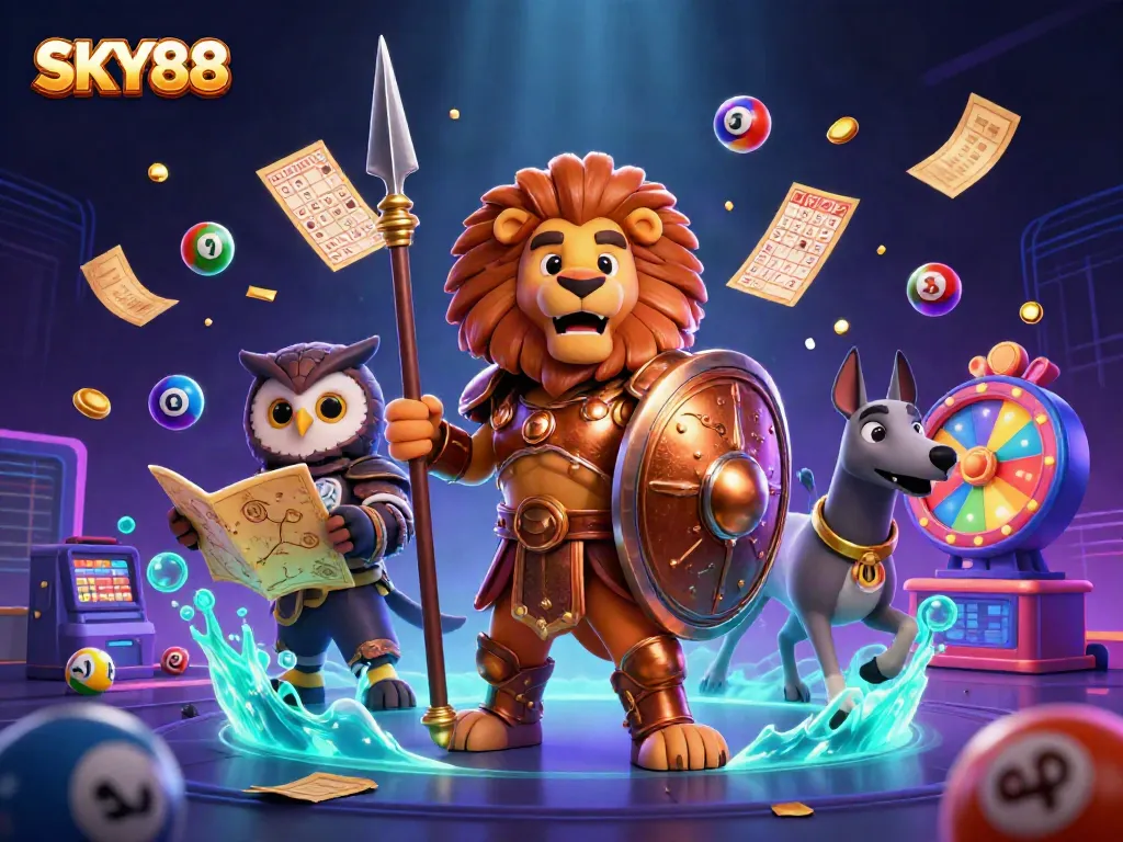 Experience thrilling gaming at SKY88 with a dynamic scene featuring vibrant lottery elements and engaging characters.