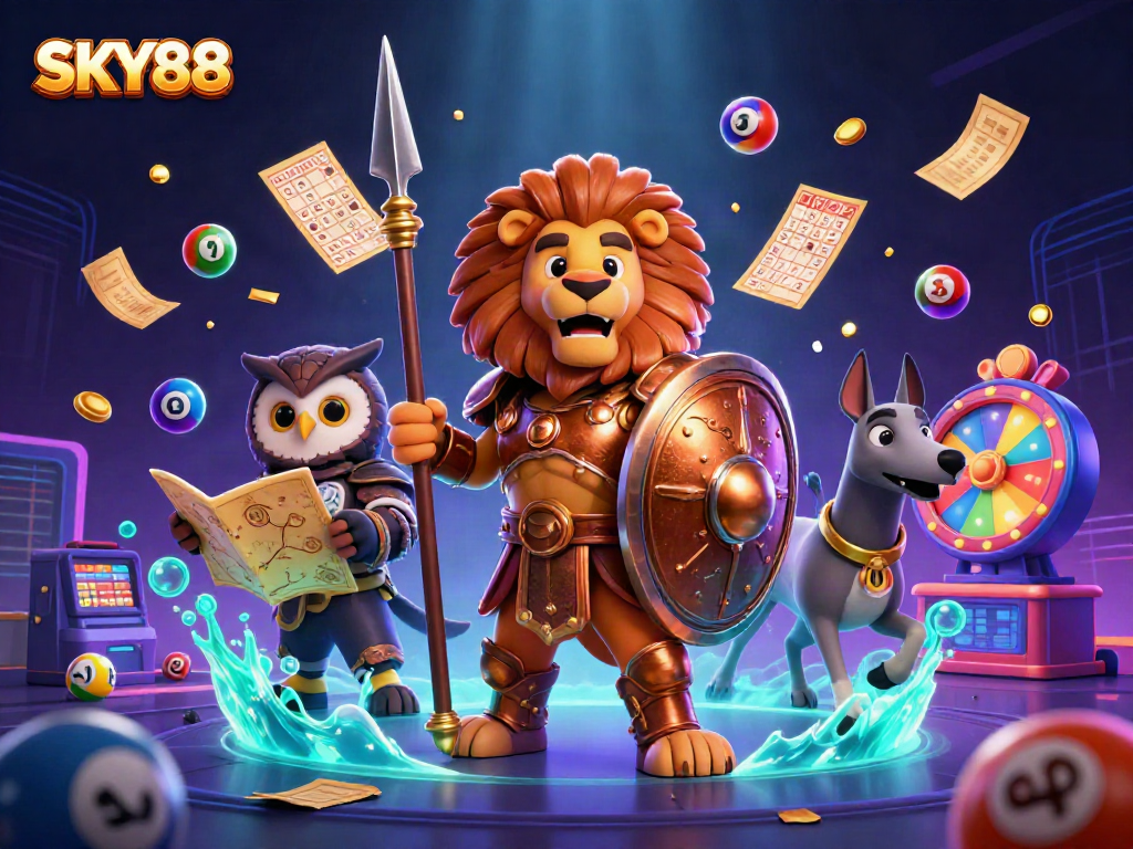 Experience thrilling gaming at SKY88 with a dynamic scene featuring vibrant lottery elements and engaging characters.