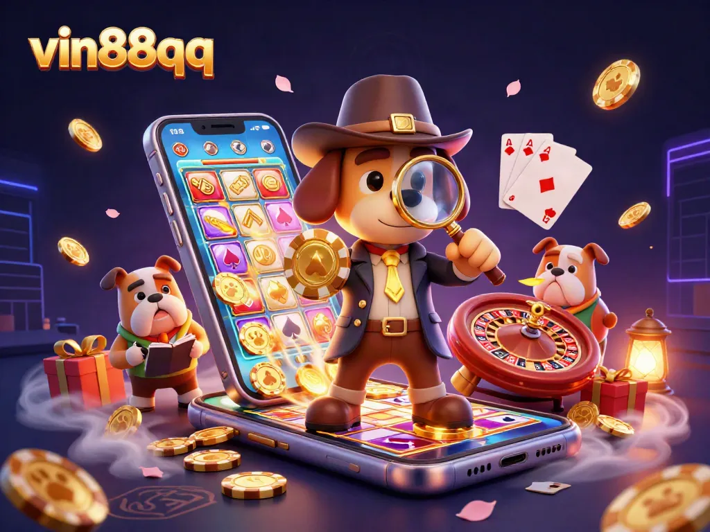 Join vin88qq for thrilling casino action, where the detective examines poker chips amidst vibrant games.