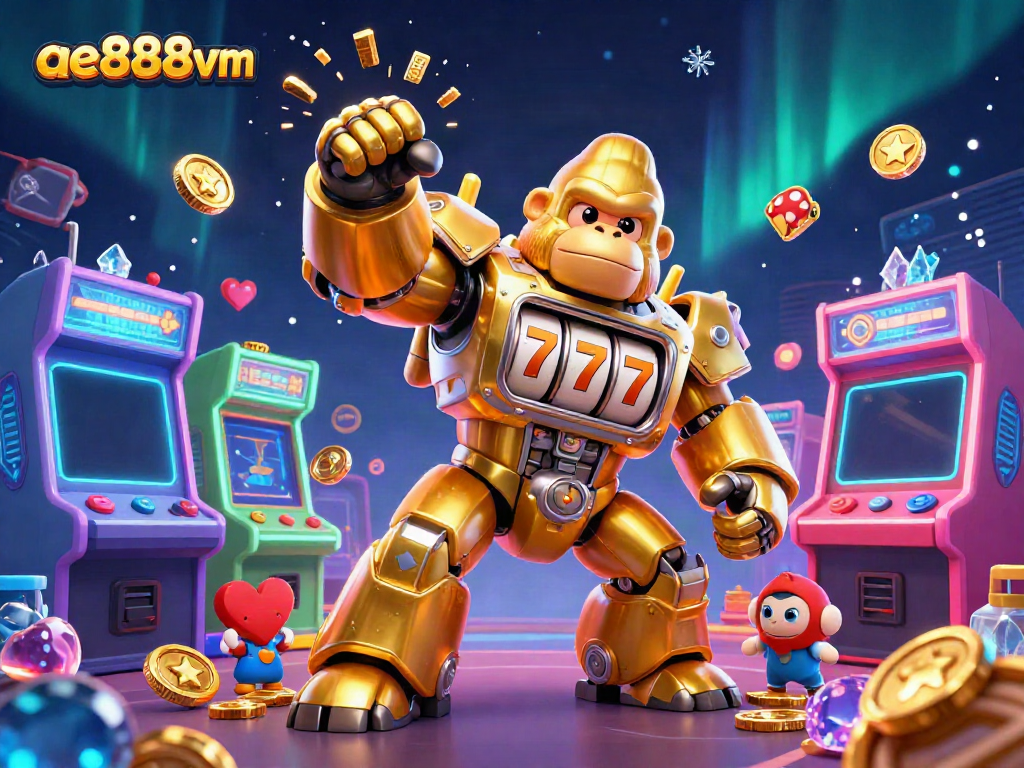 Experience thrill at ae888vm with a vibrant 3D illustration of a golden gorilla mech surrounded by dynamic gaming elements.