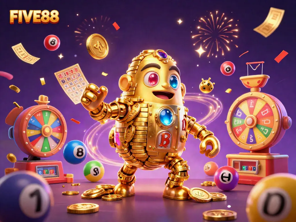 Engage with the lively FIVE88 casino experience featuring a golden golem and dynamic gaming elements.