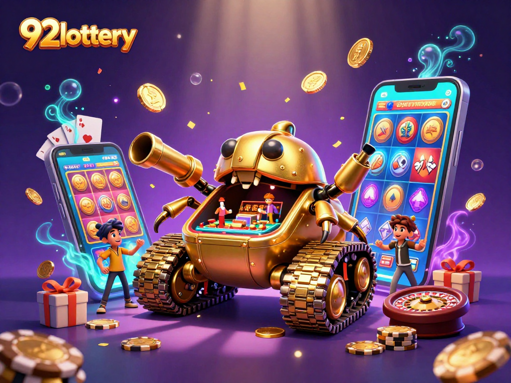 Engage with 92lottery's immersive gaming experience featuring a dynamic 3D casino scene.