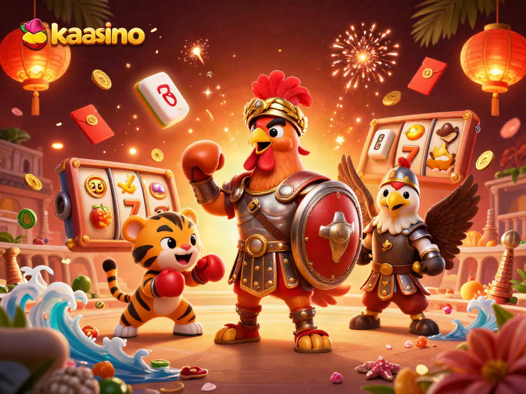 Kaasino features a gladiator rooster and tiger cub in a vibrant casino scene with slot reels and festive decorations.