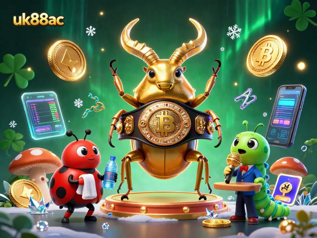 Engage in thrilling gaming action with uk88ac featuring a giant beetle champion and vibrant crypto elements.