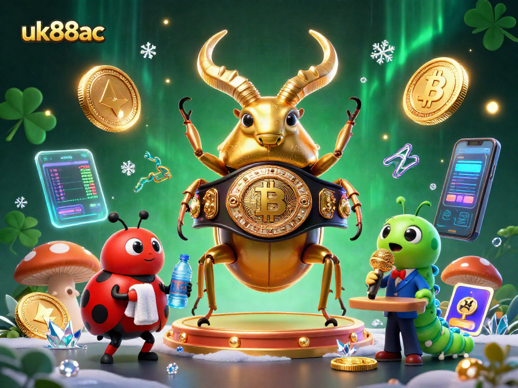 Engage in thrilling gaming action with uk88ac featuring a giant beetle champion and vibrant crypto elements.