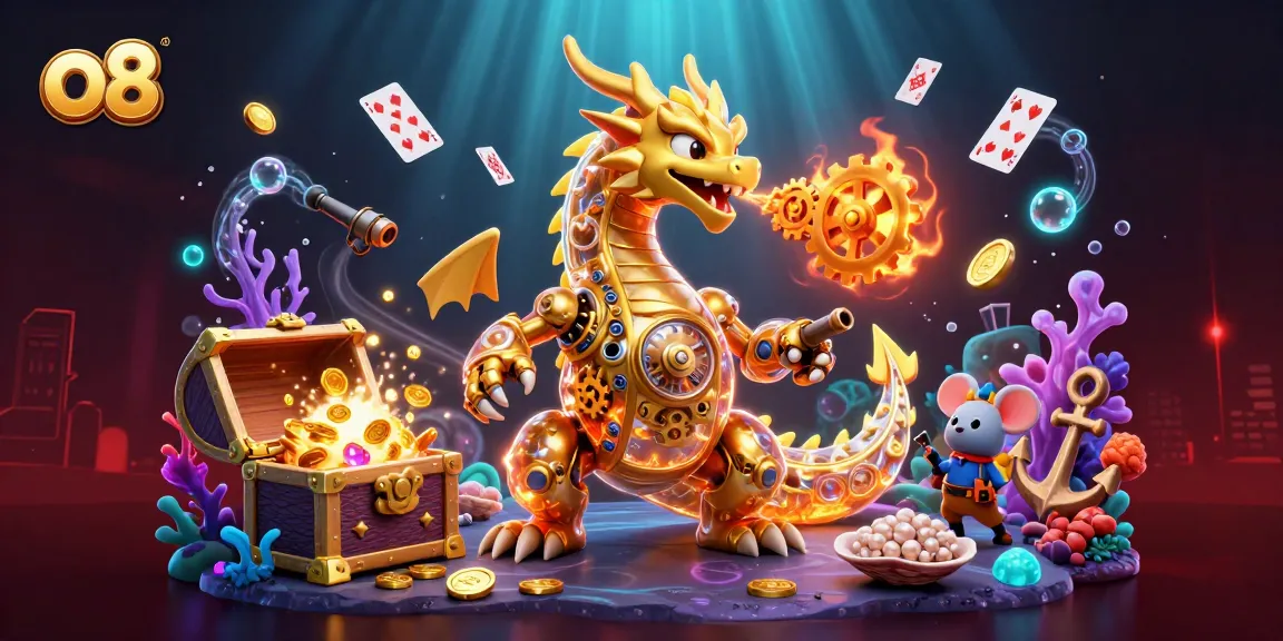 Win big at o8 by playing dynamic online casino games with a golden dragon and treasures.