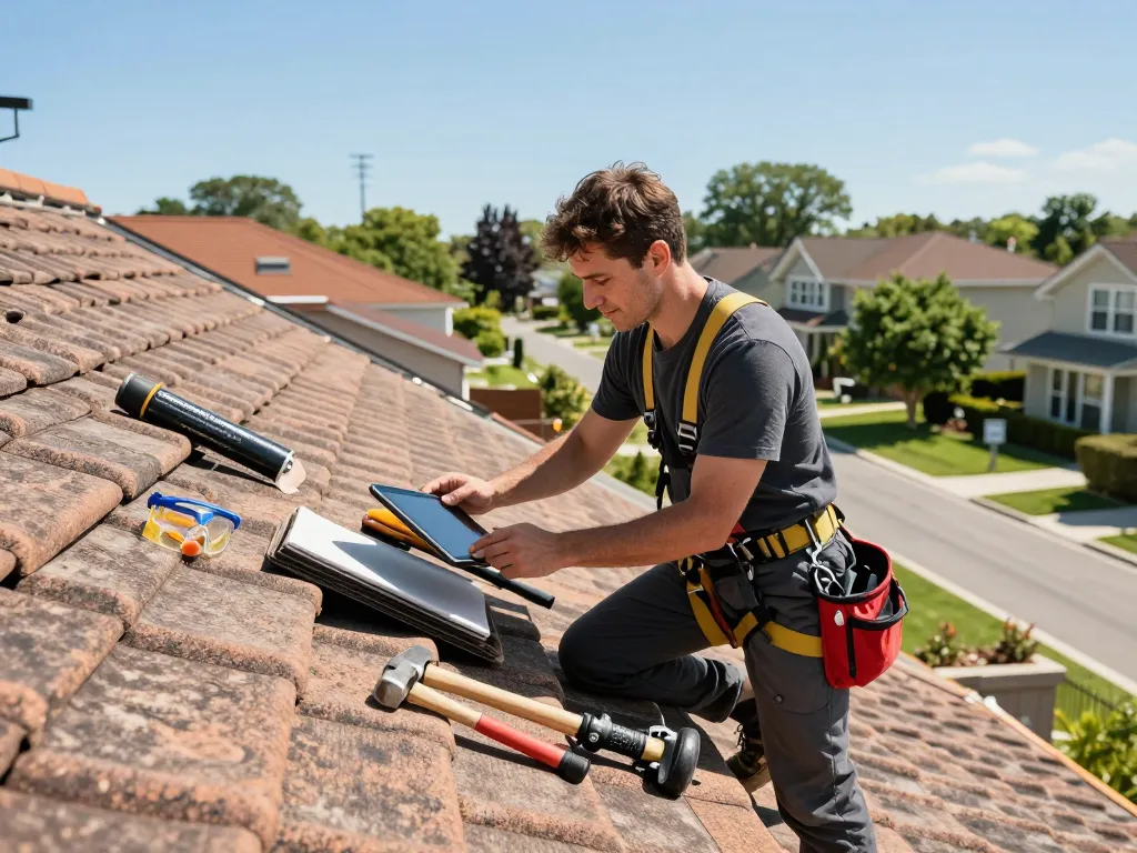 Professionele inspectie van daken door De Kraaij dakwerken met gereedschap en een heldere lucht.