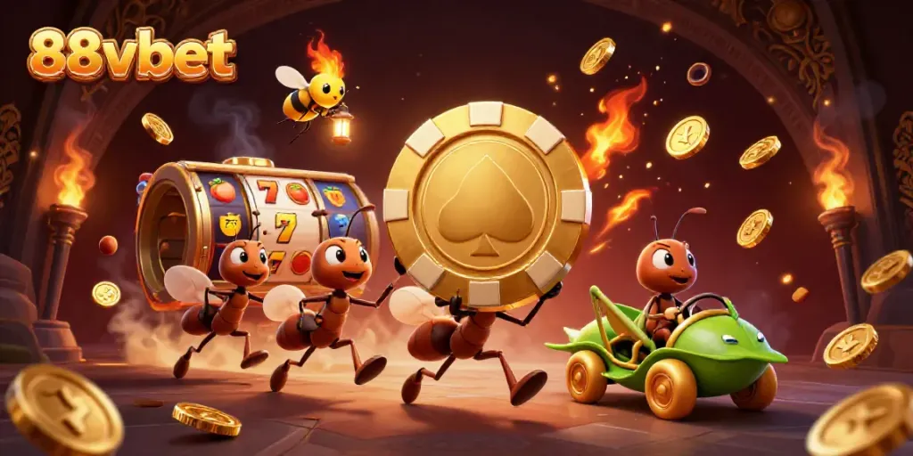 Experience the thrill of 88vbet with ants heisting a giant poker chip amidst spinning slots and golden coins.