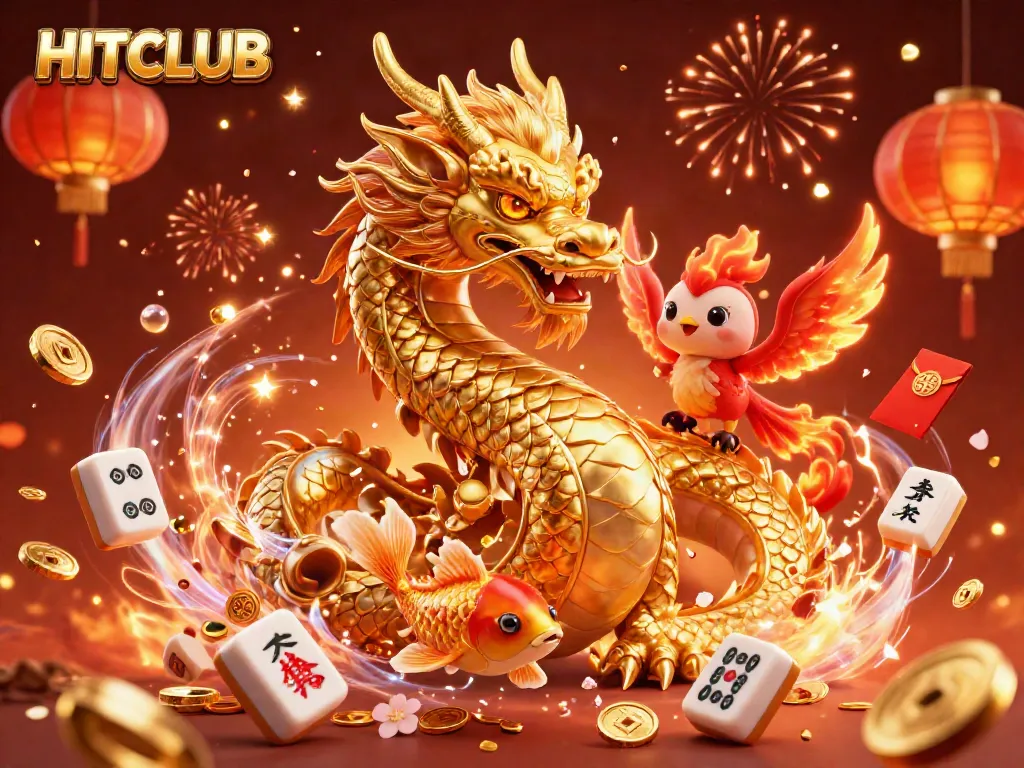 Experience excitement at HITCLUB with a vibrant casino scene featuring a golden dragon, phoenix, and koi fish.