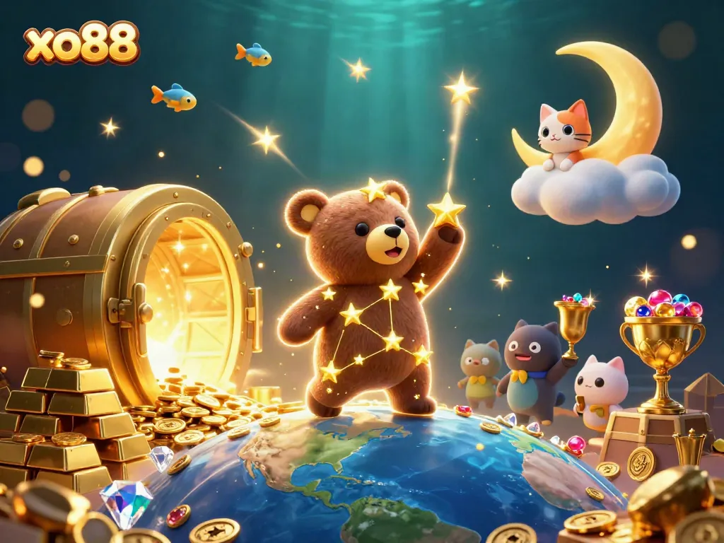 "Experience the excitement of xo88 with golden treasures and charming characters in a vibrant casino scene."