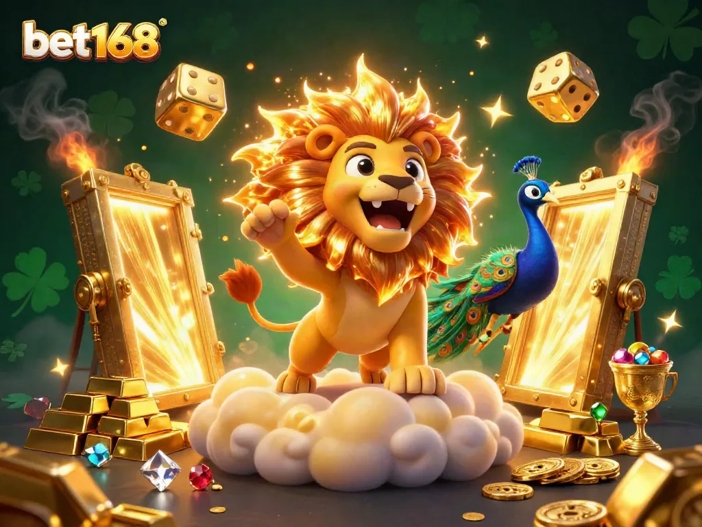 Bet168 casino illustration featuring a roaring sun lion, golden dice, and dynamic treasures surrounded by vibrant colors.