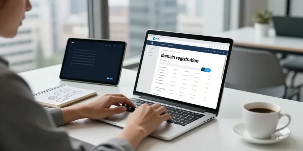 Een persoon registreert een .nl domeinnaam kopen aan een modern bureau met laptop en notities.